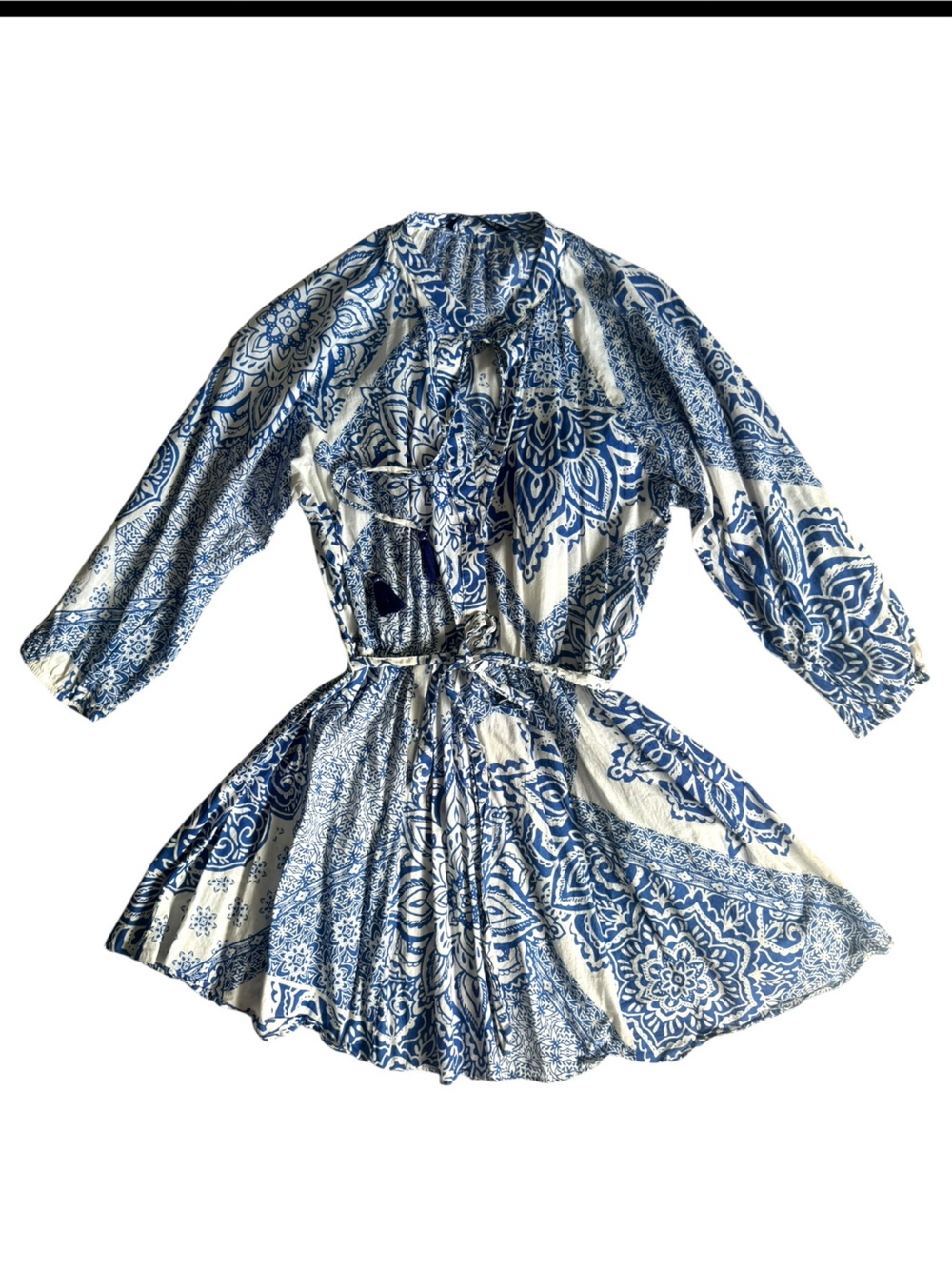 Zara White and Blue Paisley Tie-Waist Long Sleeve Dress